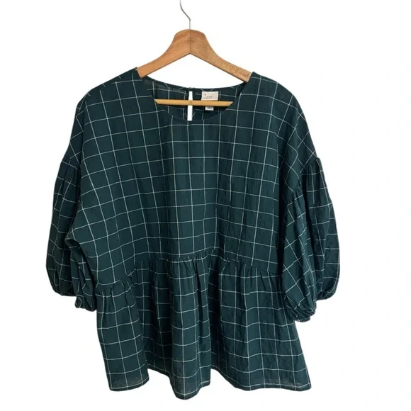 A new day green & white plaid windowpane peplum smock puff sleeve top size XL - Picture 4 of 14